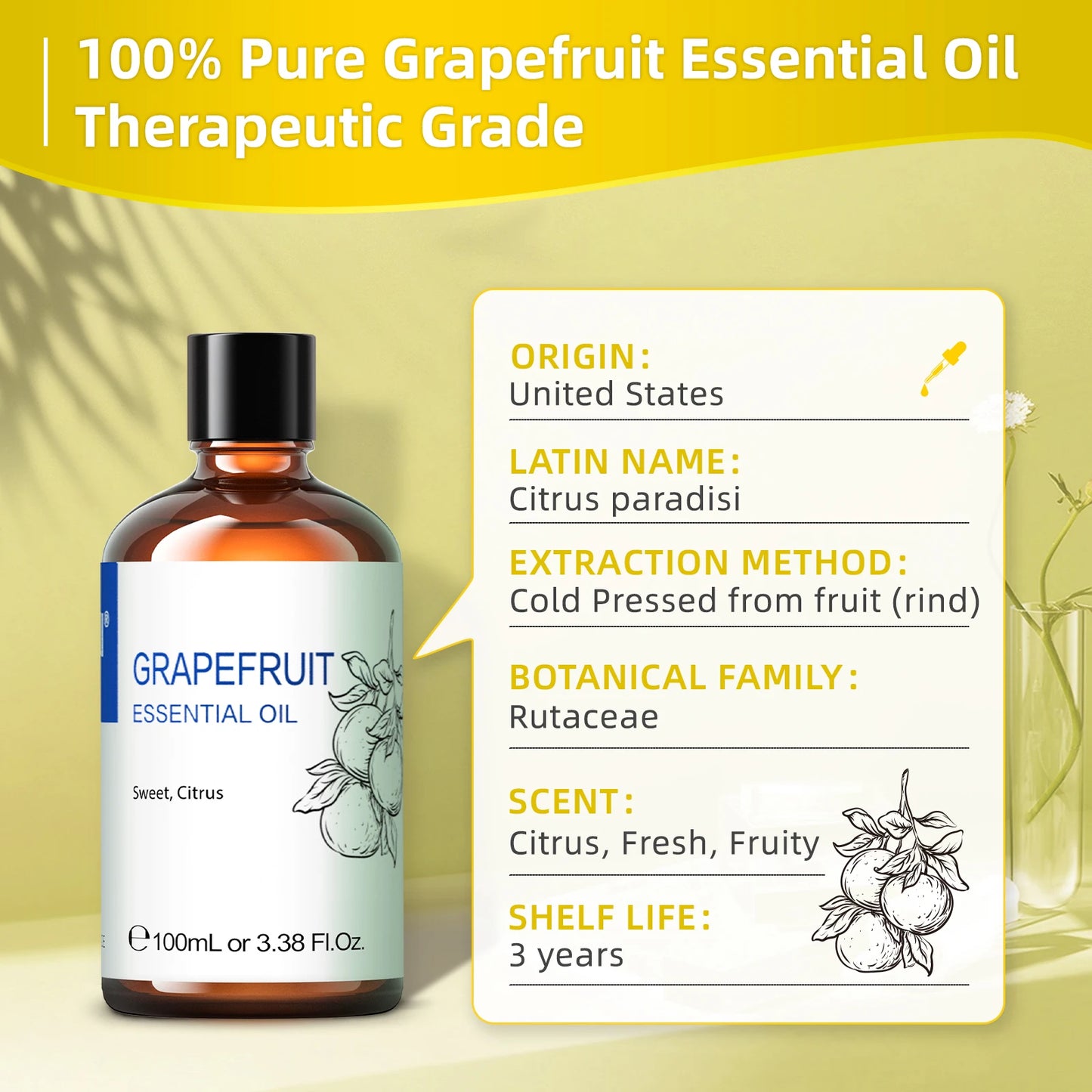 HIQILI 100ML Grapefruit Essential Oils,100% Pure Nature